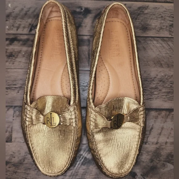 Lauren Ralph Lauren Leather Carley Gold Driving Moccasins NWOT/B - Picture 4 of 8